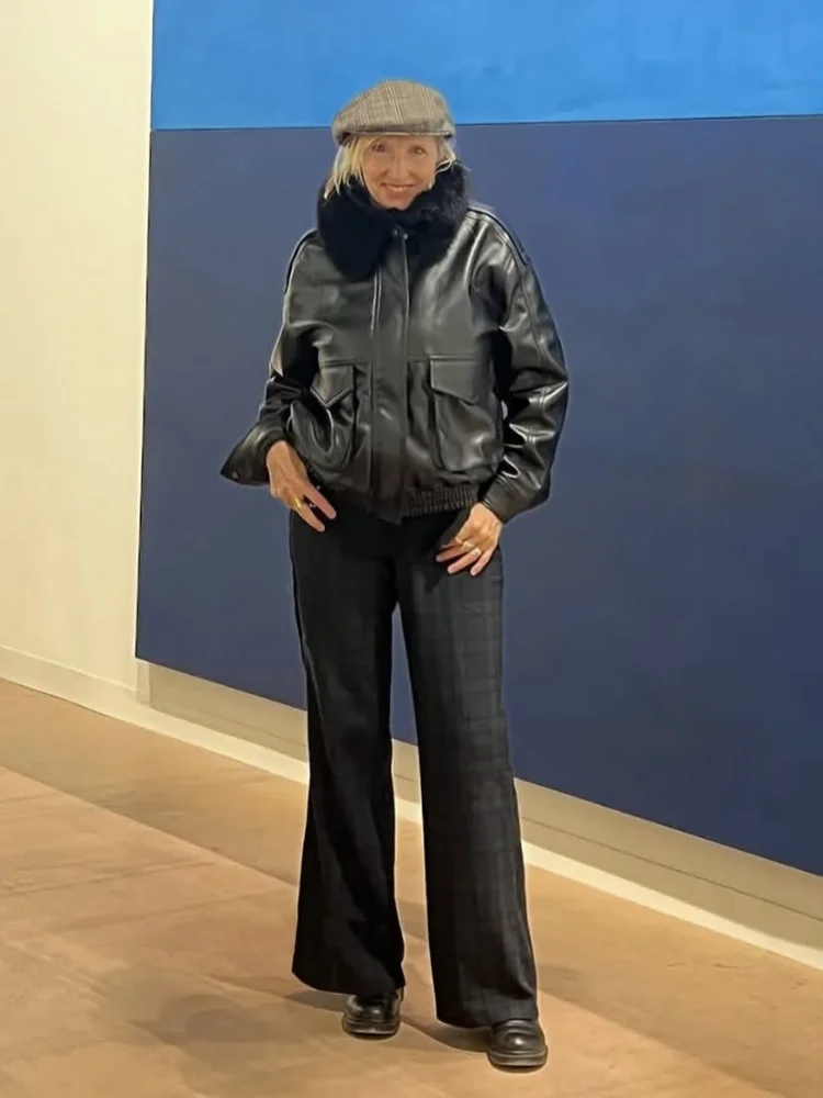 

Шикарная кожаная куртка в стиле пэчворк с меховым воротником, женская модная свободная куртка с лацканами и длинными рукавами на молнии, женские повседневные куртки Highstreet