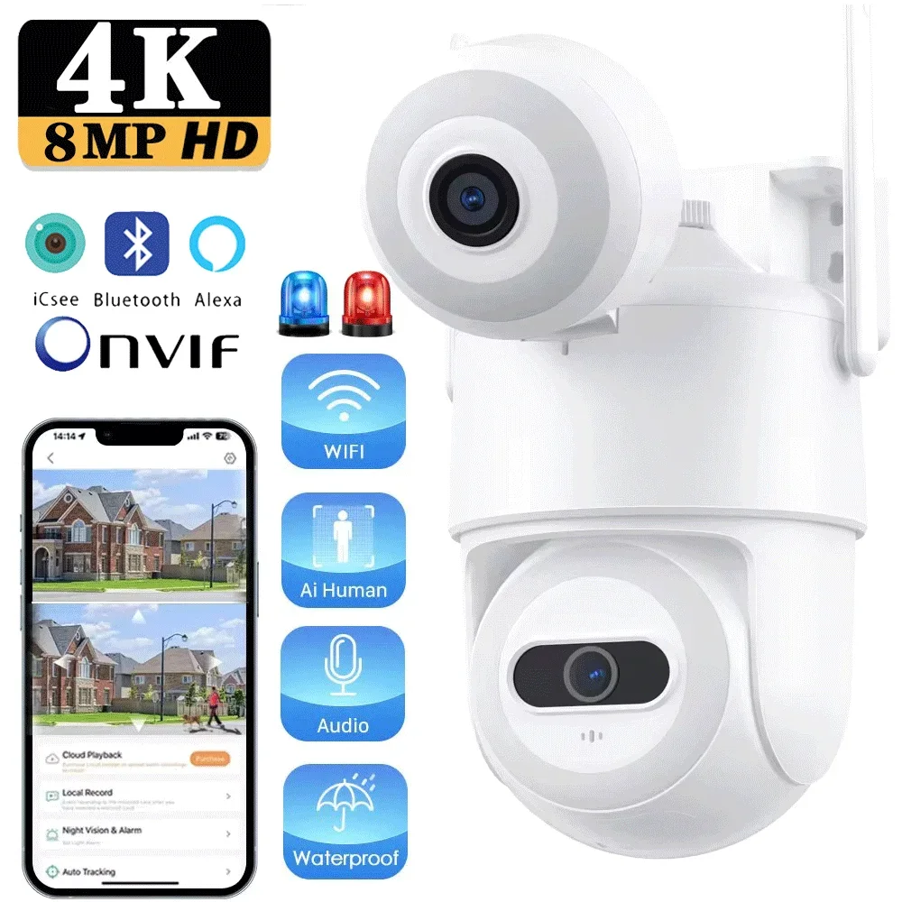 8MP WiFi Security Camera PTZ 4K Dual Screen AI Auto Tracking Night Vision CCTV Surveillance Camera Outdoor IP Cameras ICSee App