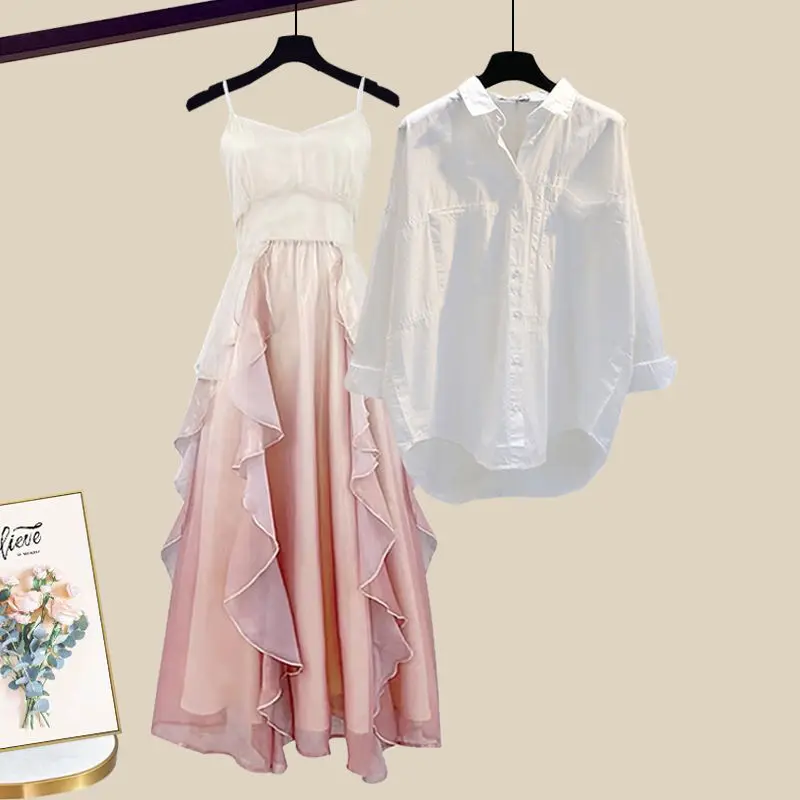 

2023 Women's Summer Thin Shirt Chiffon Dress Sets Korean Lady Graceful Fairy Pink Sling Dresses White Blouse Suit New Outfits