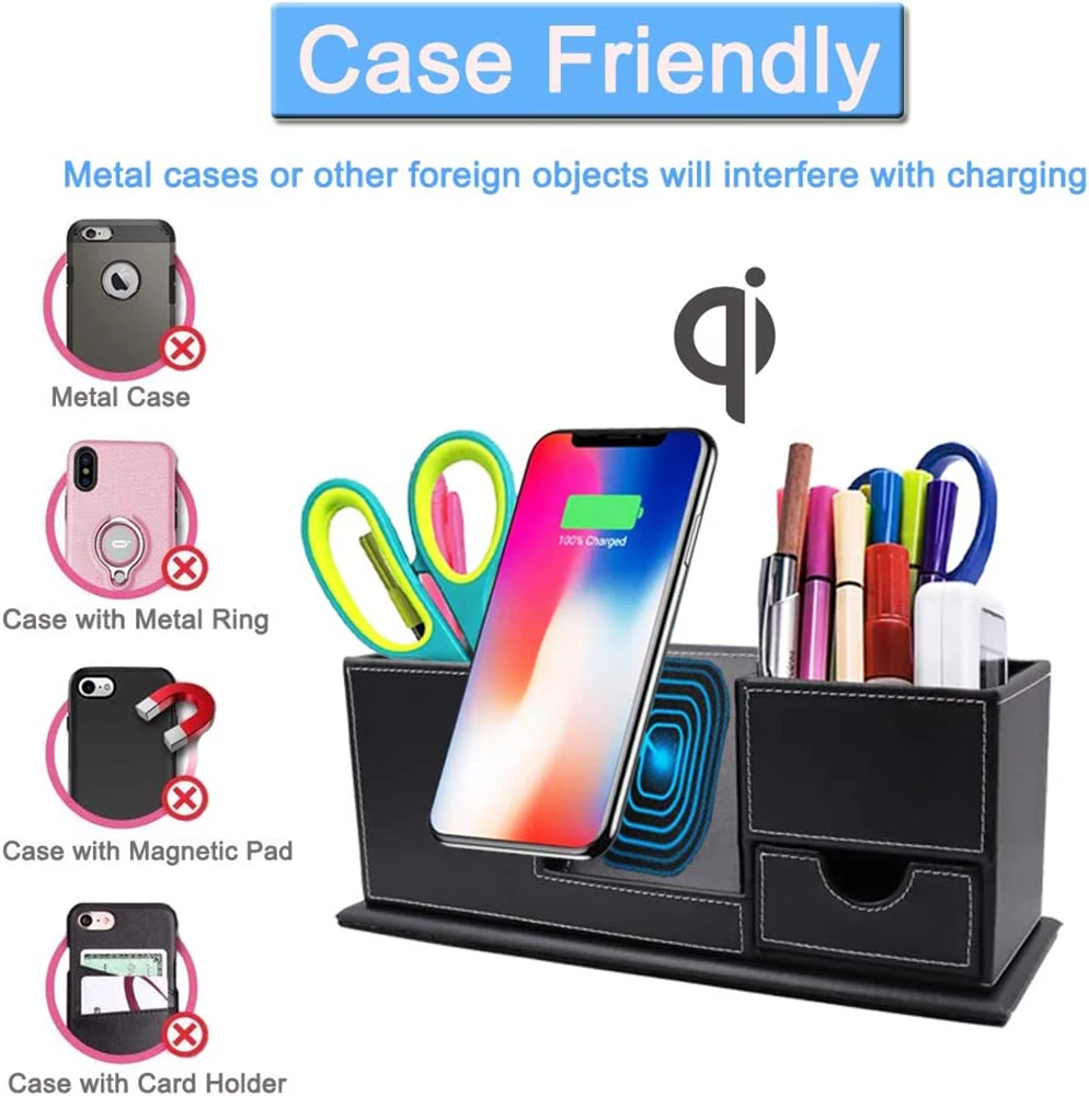 Desktop Draadloze Telefoon Oplader Organizer, Bureau Potlood Houder Pen Cup Opslag Met Qi Charging Station Dock