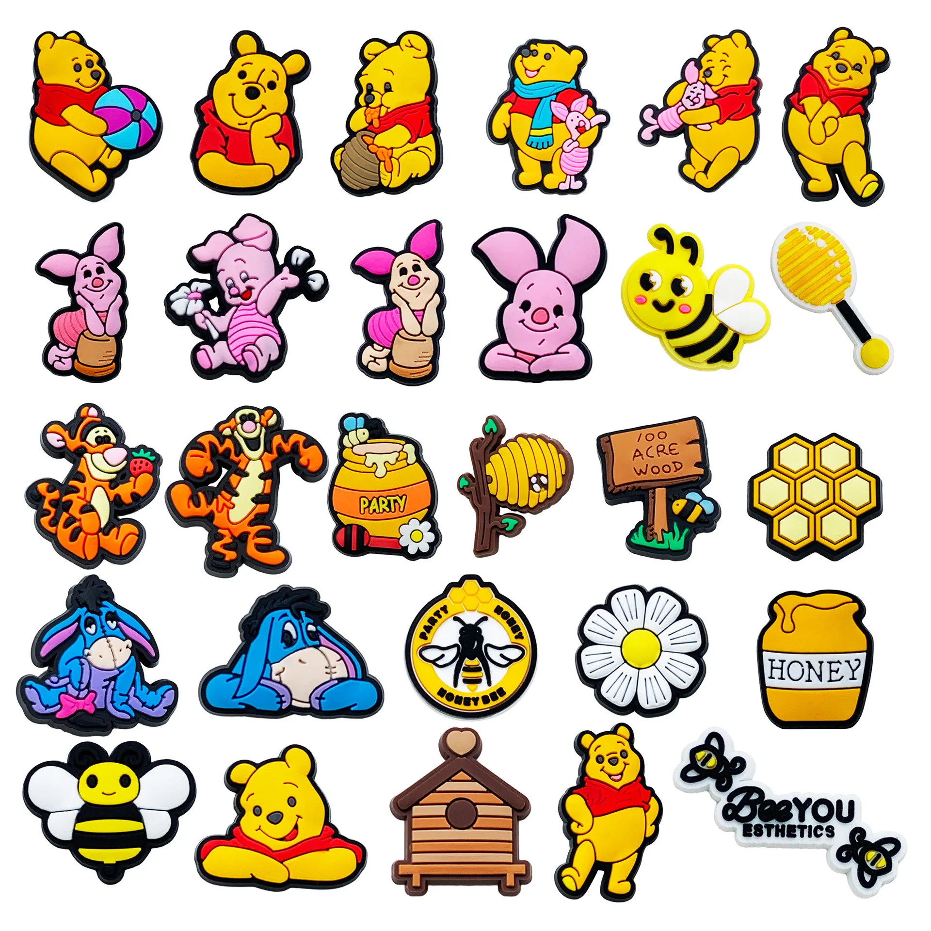 Beliebte 14/28-teilige Winnie Pooh Serie PVC-Schuhcharms für Crocs, niedliche Bären-, Ferkel-, Bienen- und Honig-Ornamente, DIY-Schuhzubehör zur Dekoration.