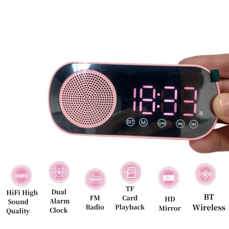 USB Plug-in Mirror Digital Alarm Clock Timer Support TF FM Radio 2 Alarms Wireless Speaker Subwoofer Desktop Music Player