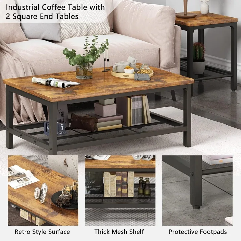 3 Pieces Industrial Coffee Table Set with 2 Square End Side Tables,  Metal Frame for Apartment Home Office, Rustic Brown