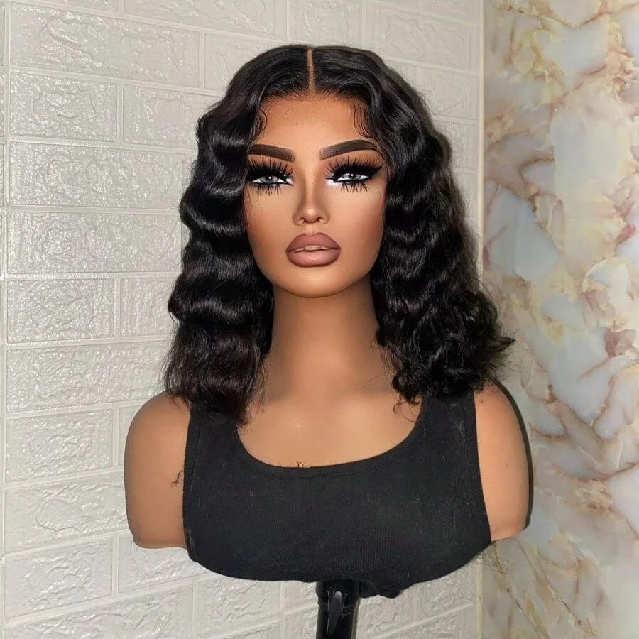 200% Peluca Bob de onda profunda corta de 14 pulgadas cabello humano prearrancado con pelo de bebé pelucas frontales de encaje 13X4 pelucas de encaje transparente HD