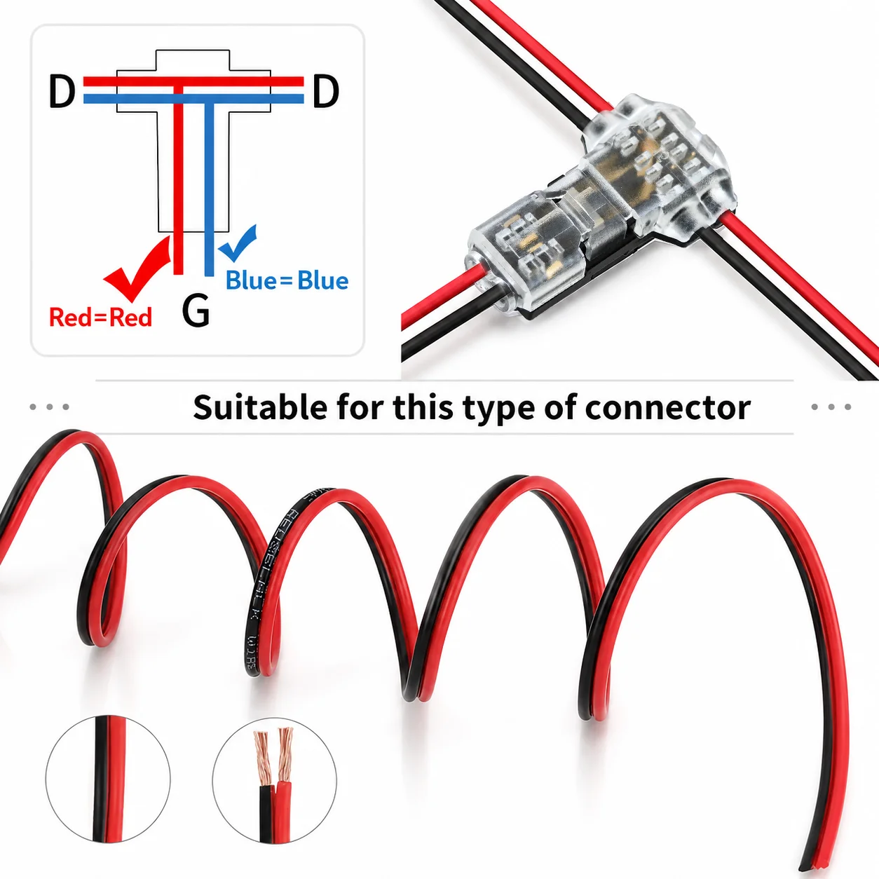 10PCS 2 Pin T Tap Wire Connectors 18-22AWG No Strip Quick Splice Low Voltage Terminal for Car Motorcycle LED Lights Home Wiring view 4