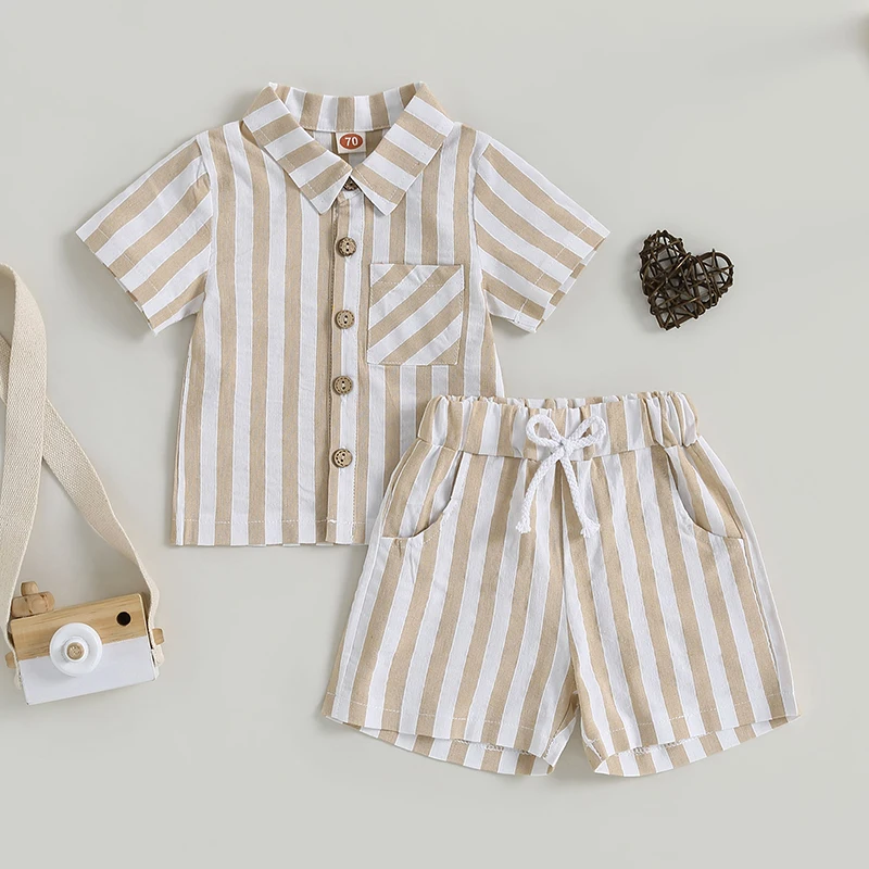 Blotona 2Pcs Little Boys Outfit, Toddler Summer Striped Lapel Short Sleeve Single-breasted Shirt Tops +Elastic Waist Shorts 0-3Y