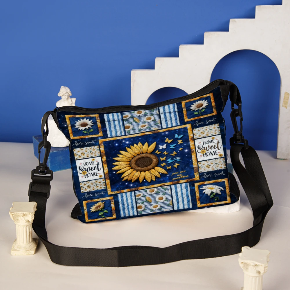 1pc Sunflower Patchwork Crossbody Bag Blue With Daisies And Home Sweet Home Text Shoulder Bags For Women Casual Handbag Pouch