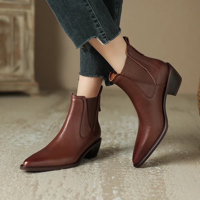 2023 Vintage Women Genuine Leather Ankle Boots Autumn Winter Thick Heels High Quality Elastic Band Office Lady Retro Shoes Woman