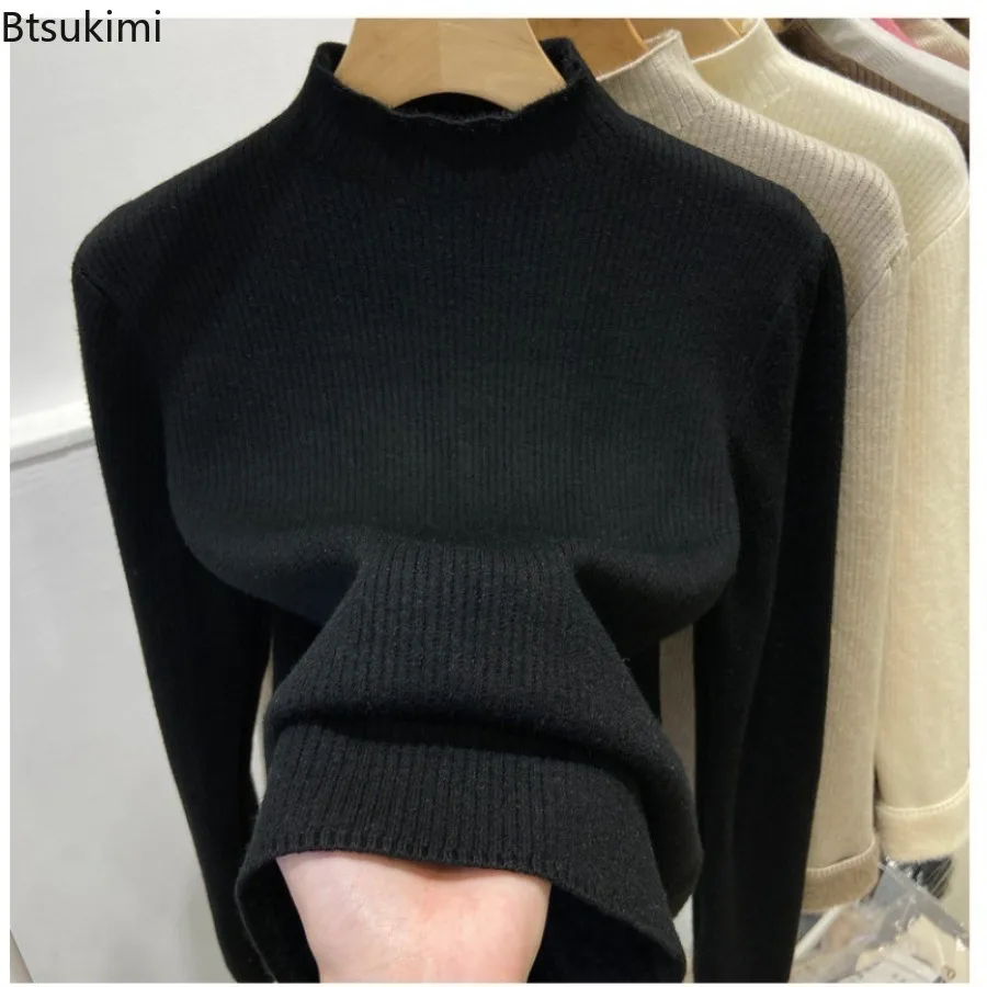 

2025 Turtleneck Winter Sweater Women Elegant Thicken Velvet Lined Warm Sueter Knitted Pullover Slim Tops Jersey Knitwear Jumper