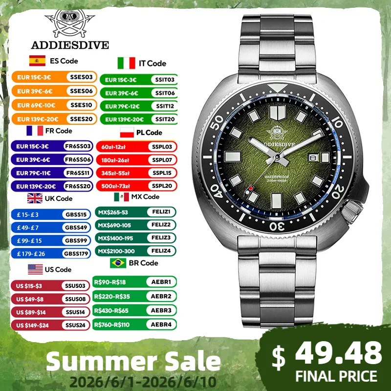 

ADDIESDIVE AD2511 Watch For Men Sapphire Glass BGW9 Super Luminous 20Bar Waterproof Relogio Masculino Quartz Watch reloj hombre