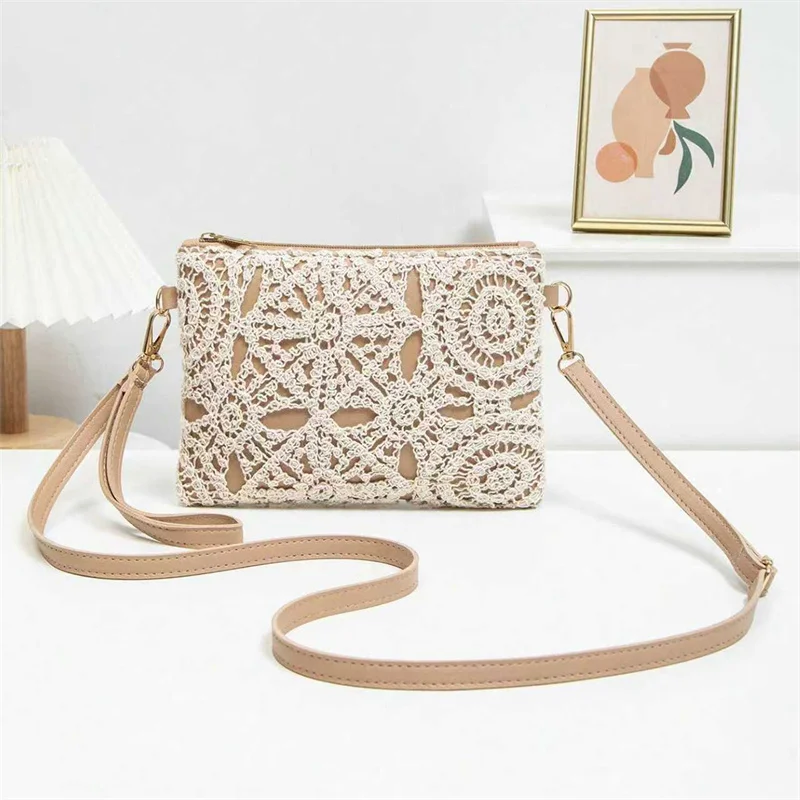 Einfache, vielseitige Umhängetasche aus Häkelstoff, neue gewebte Tasche, Reißverschluss, Retro-Casual-Strandtasche mit Blumenmuster für Damen – Detail 9