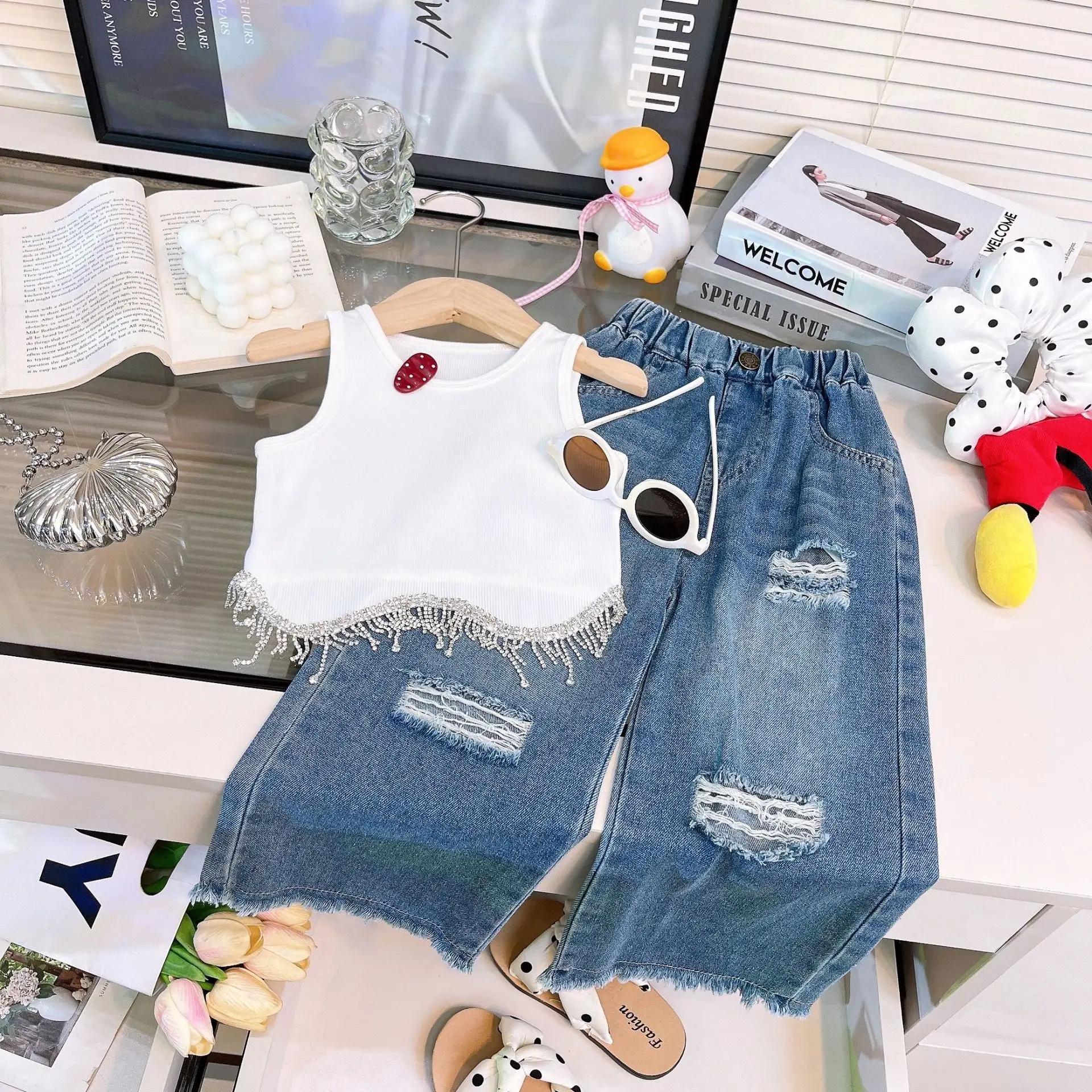 2026 Summer Girls Clothing Sets 2Pcs Outfit Tassel Tank Top Ripped Denim Jeans Casual Stylish Kids Two Piece Set