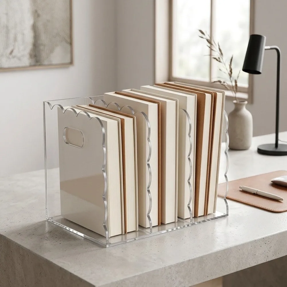 Elegant 3 Slot Scalloped Desk Organizer Made of High Transparency for Office For Home Workspace 8.46 x 7.28 x 6.5 Inches