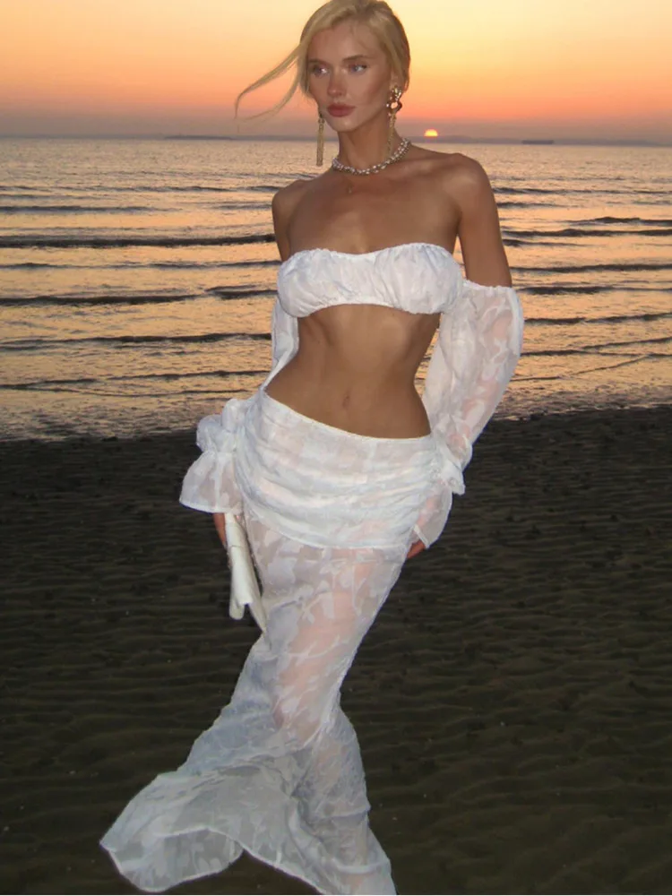

Sexy Off-Shoulder Long Sleeve Short Top Patchwork Long Skirt Set Women Double Layer Printed Sheer Slim Holiday Beach