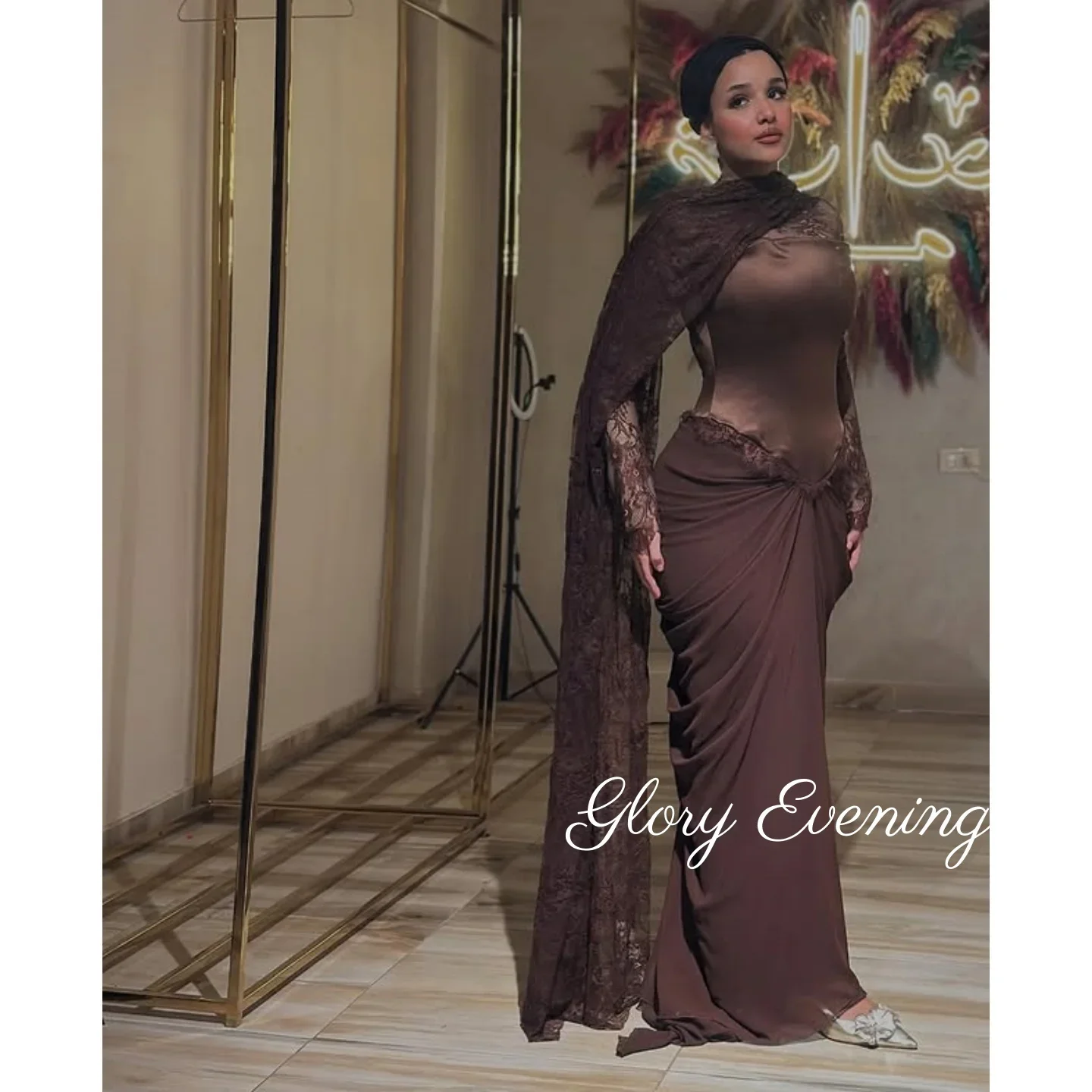 

Кружевное вечернее платье без бретелек в Саудовской Аравии, платья для выпускного вечера с длинными рукавами, длиной до пола, великолепные вечерние платья по индивидуальному заказу 2025