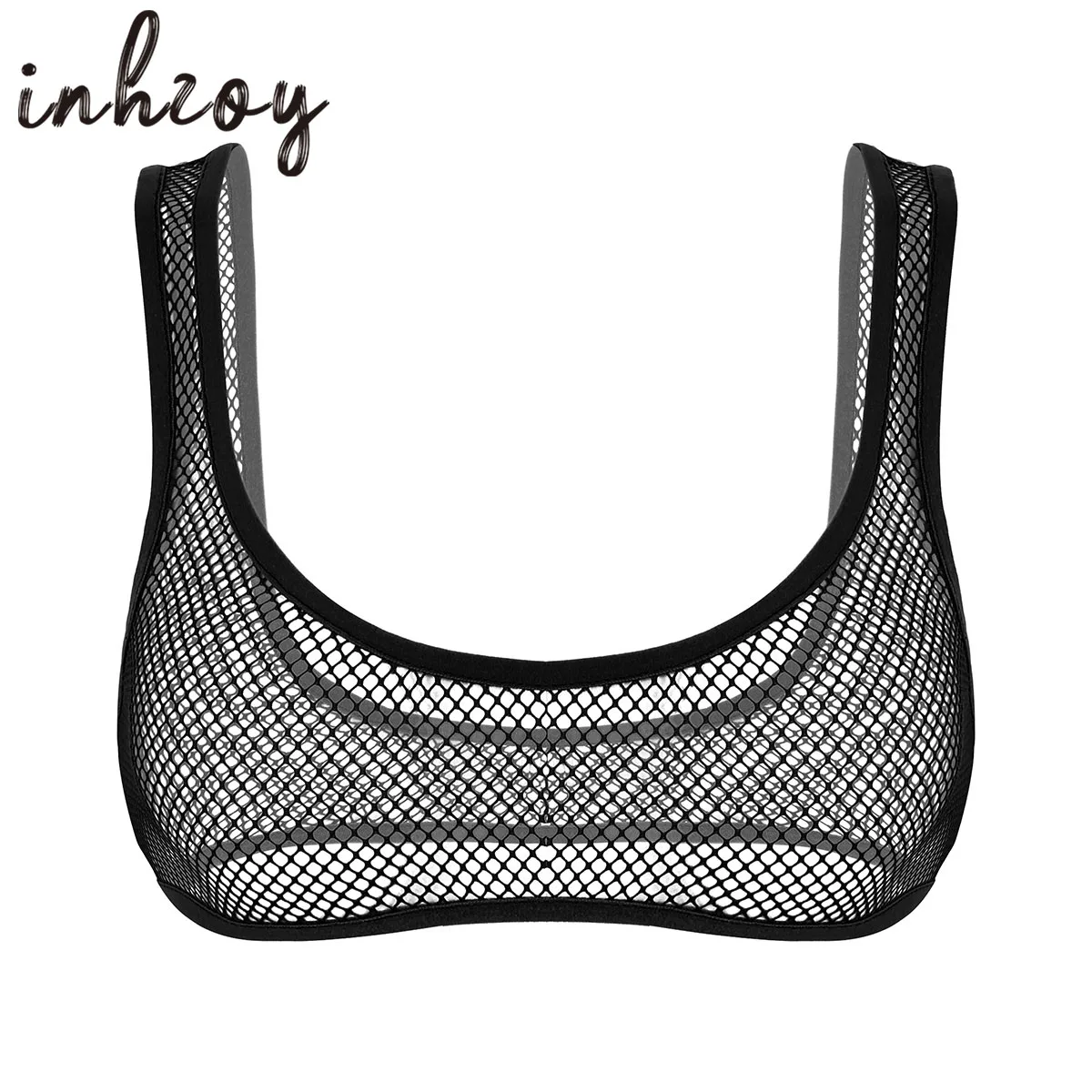 

Summer Women See Through Fishnet Mini Sexy Tops Wide Shoulder Straps Deep U-neck Transparent Mesh Crop Top Adult Female Clubwear