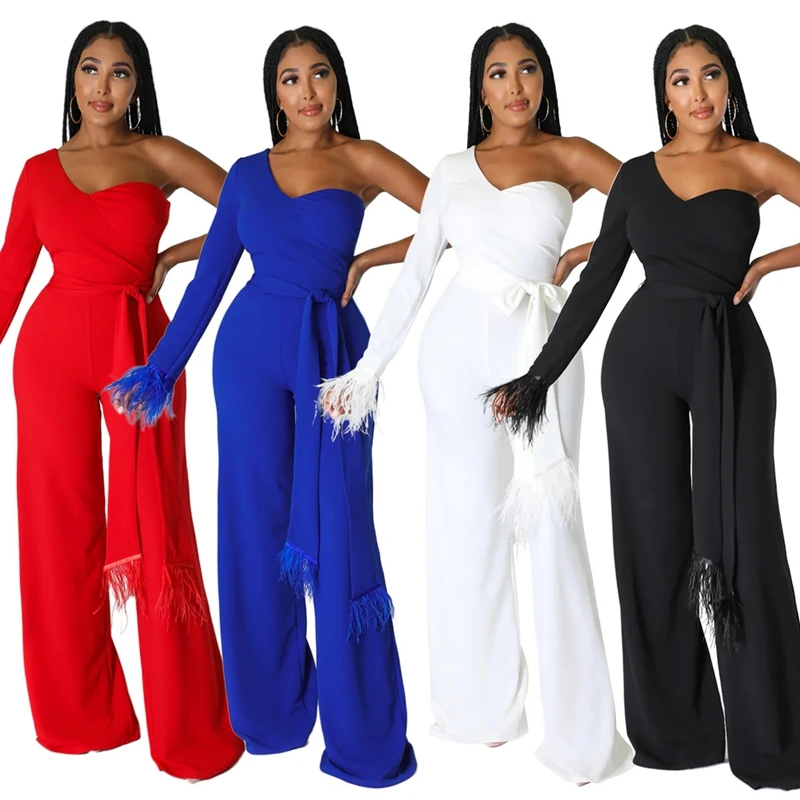 Sang Trọng Tối 1 Vai Jumpsuit Nữ Sang Trọng Cưới Một Bộ Lông Vũ Dài Tay Liền Quần Gợi Cảm Romper Áo Liền Quần Đảng Câu Lạc Bộ Trang Phục