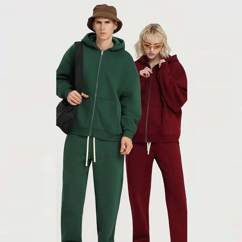Custom Logo Autumn Winter Unisex Fleece Zip‑Up Hoodie Sweatpants Set Loose Casual 2 Piece Sports Tracksuit