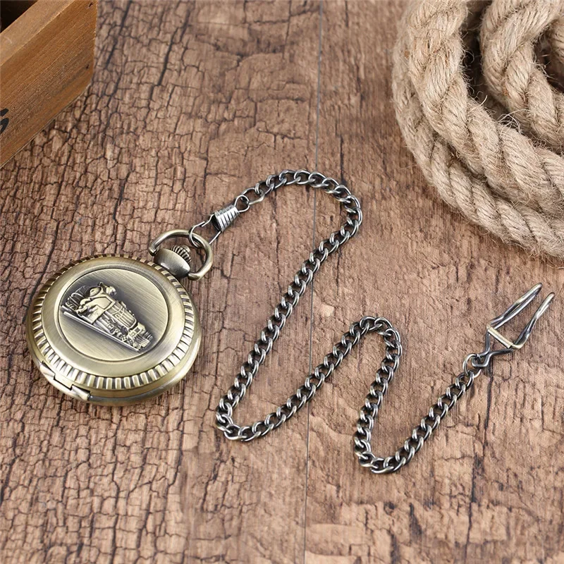 Antique Large Size Clock Locomotive Railway Train Pattern Unisex Quartz Analog Pocket Watch Pendant Chain Roman Number Timepiece