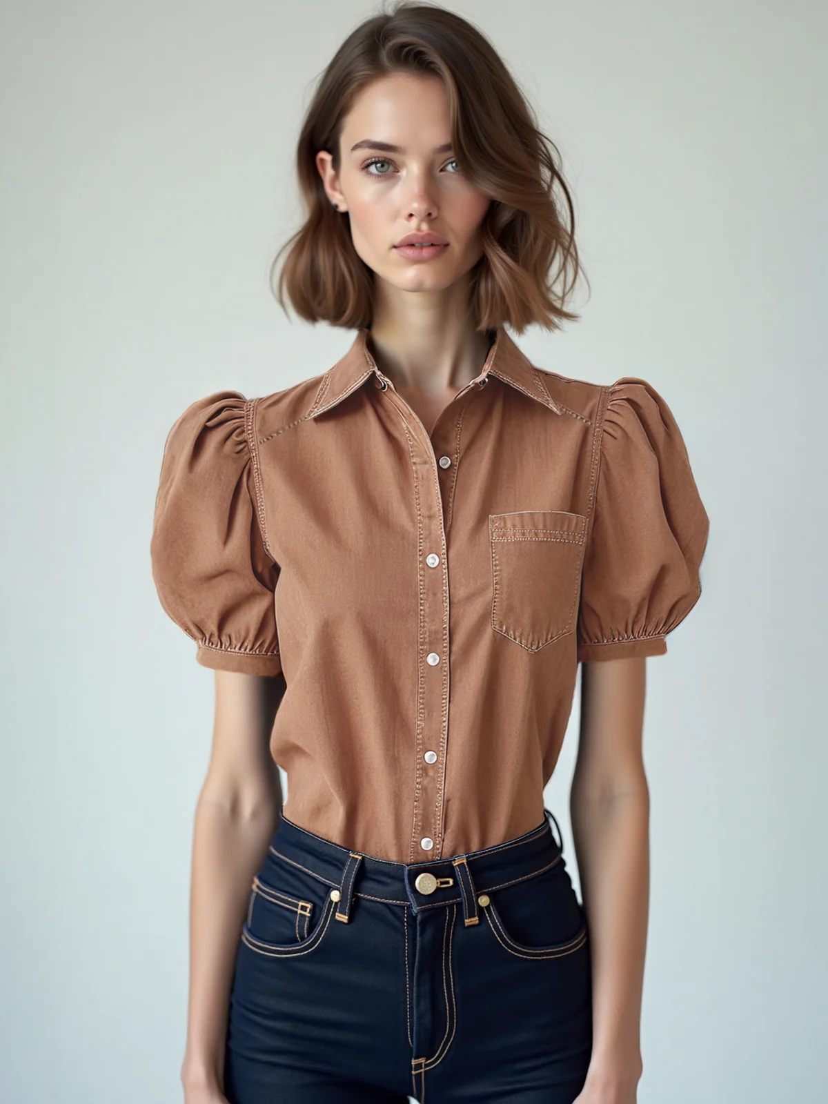Women's Casual Shirt Short Sleeve Blouse Lightweight Breathable Summer Top Loose Fit Elegant Style Office Workwear Puff Sleeve