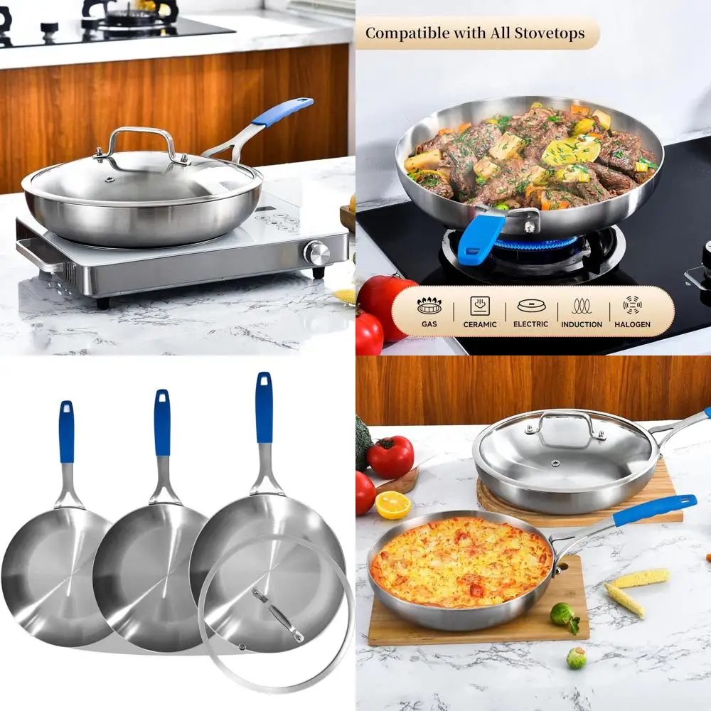 

10-12 Inch Stainless Steel Tri-Ply Fry Pan Set with Lid, Induction-Ready, Oven and Dishwasher Safe, Detachable Handle
