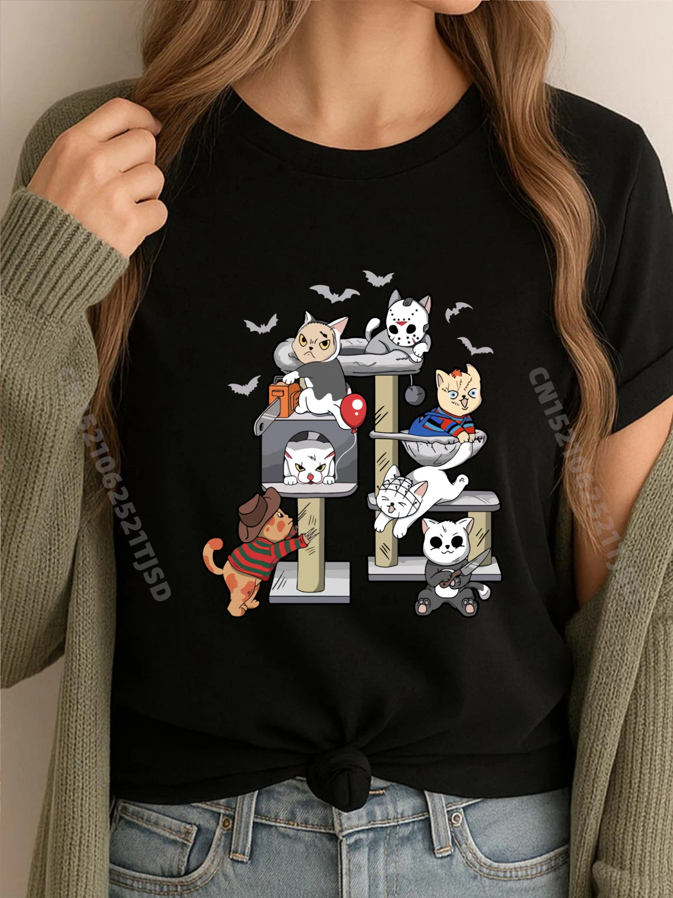 

Забавные кошки, фильмы ужасов, милые Хэллоуинские любители кошек, одинаковые забавные футболки, женская рождественская рубашка
