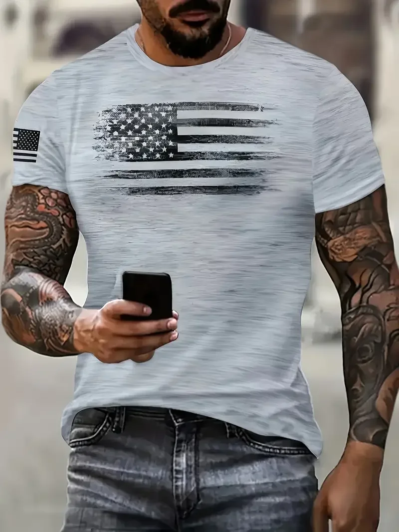 Men's US Flag Print Crew Neck Short Sleeve Tops Tee Outdoors Casual Pullover Crew Neck Streetwear Sports Oversized Clothing