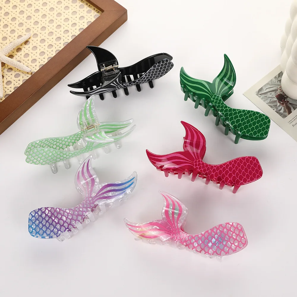 DuoShang New Ocean Series Mermaid Tail Hair Claw Acetate Claw Clips Kolorowa spinka do włosów Fish Tail Crab dla kobiet Akcesoria do włosów