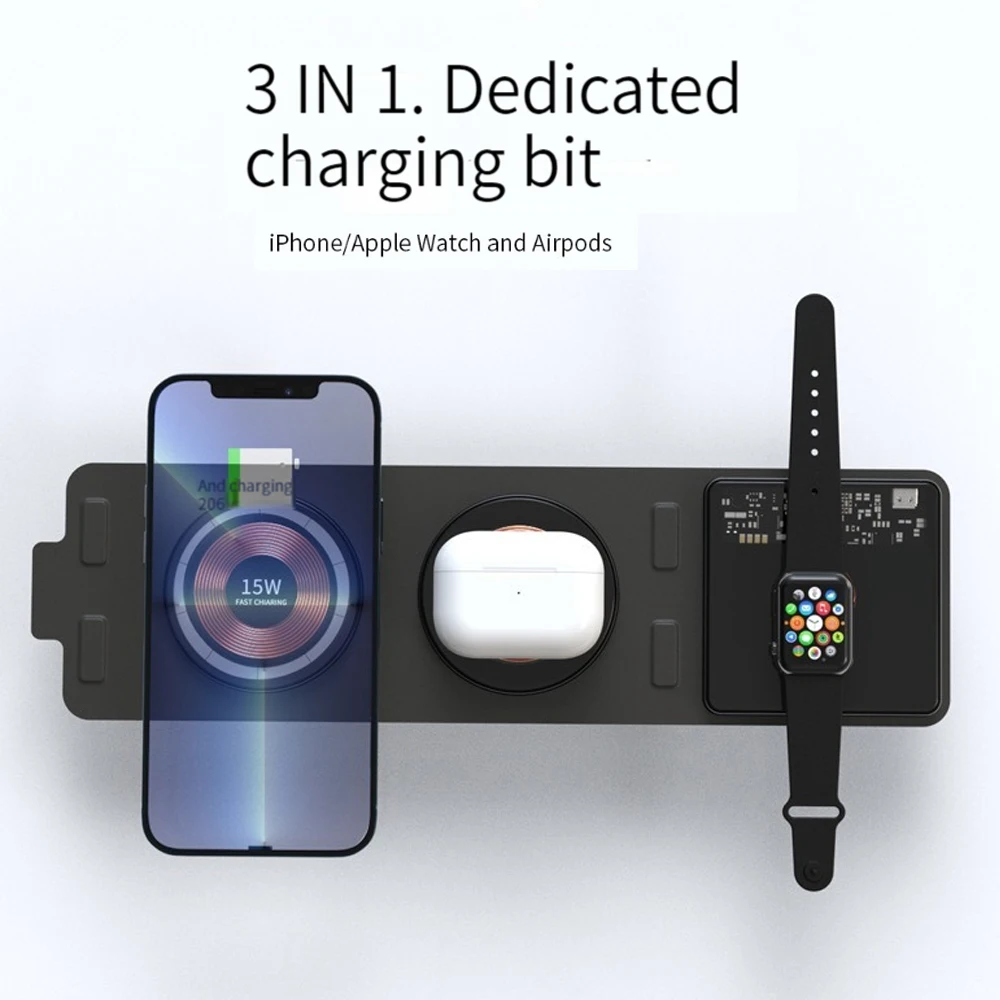 Transparent 3 in 1 Travel Portable Wireless Charger for Apple Watch 7 6 SE Airpods 3 Foldable Wireless Charging for iPhone 12 13