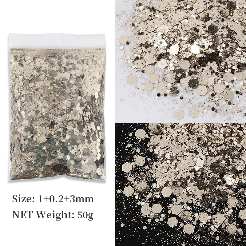 50g Gold Mixed Hexagonal Chunky Nail Art Glitter Sequins Sparkly Flakes Slices Decorations for UV Gel Nail Supplies Accessories