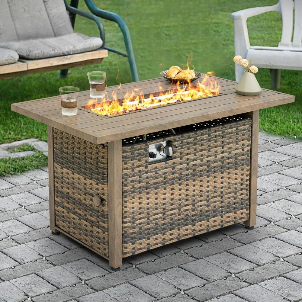 

Nuu Garden 43-inch Propane Gas Fire Pit with Rattan Design, Smokeless Outdoor Fireplace Table featuring Metal Frame, Lid, and Gl