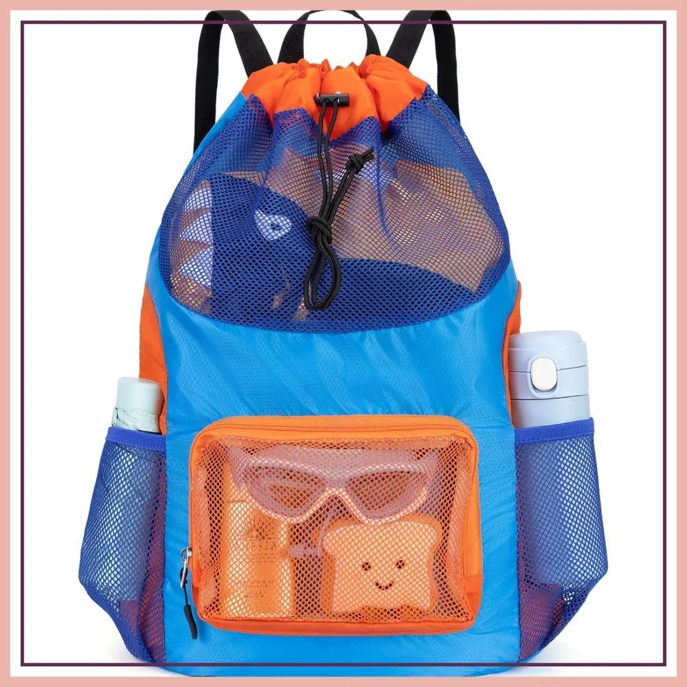 

Mesh Beach Backpack for Boys Lightweight Drawstring Swim Bag for Pool Sports Gym String Bag (Blue)