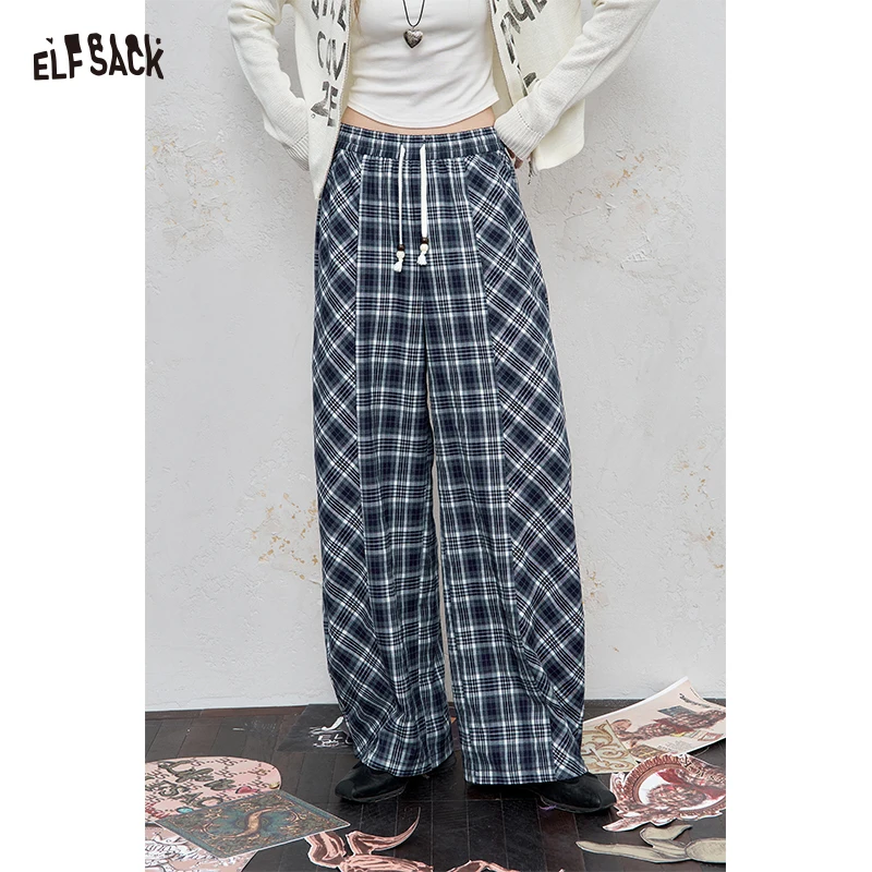 

ELFSACK 2025 Autumn New Arrival Casual Checkered Wide-Leg Drawstring Long Pants For Woman
