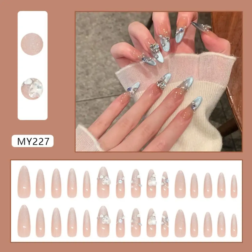 24 Stück Maniküre Lange Mandel Falsche Nägel Vergoldete Blume Perle Französisch Press on Nails Abnehmbare Stern Schleife Fake Nials DIY