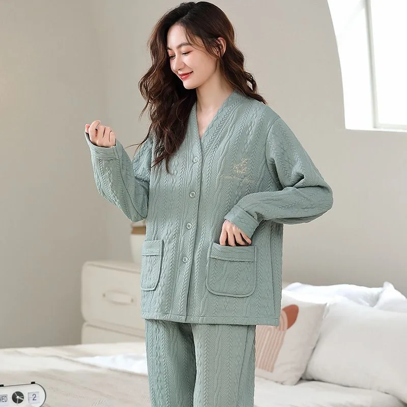 New Autumn/winter Ladies Keep Warm Interlayer Pajamas Pure Cotton Long Sleeve Loungewear Female Light Cotton Suit Winter