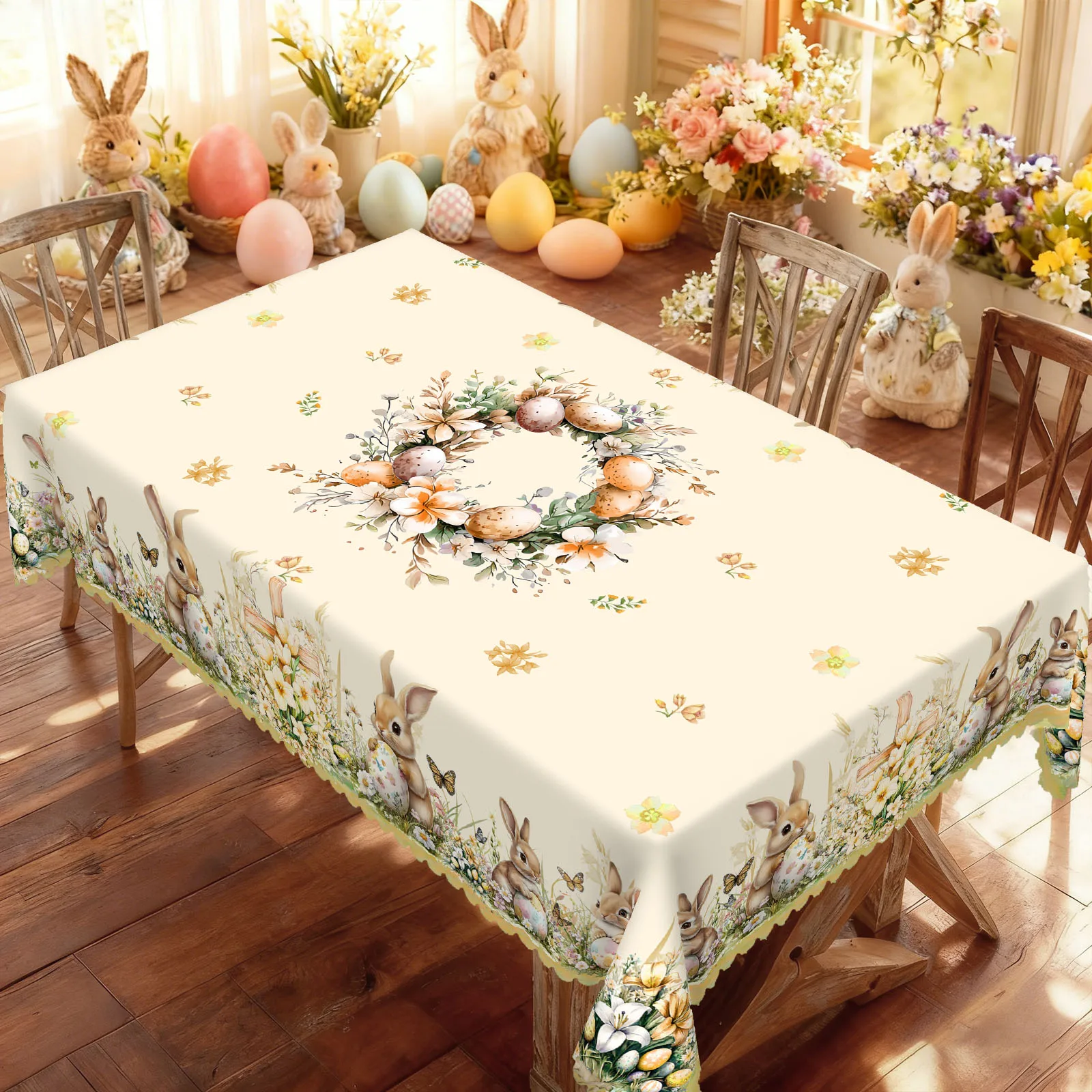 1 Piece of Easter Round Tablecloth, Available in Various Sizes, with a Cute Wreath in the Center Surrounding Painted Eggs, Adorned with Delicate Yellow Flowers and Light Green Leaves, Edged with Soft and Cute Bunnies Holding Eggs, Fresh Floral Clusters and Lively Butterfly Prints, Round Tablecloth with Embossed Edges, Easter Decoration, Suitable for Easter Family Gatherings, Spring Terrace Parties, Easter Season Decoration, Spring Party Decoration Gifts