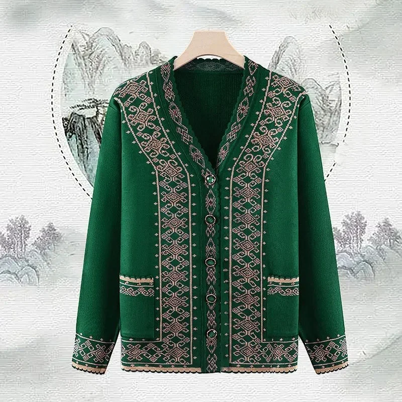 Middle-aged And elderly Autumn Winter Women Sweater New knitted Cardigan Jacket Female V-neck Long-sleeved Casual Knitwear Tops