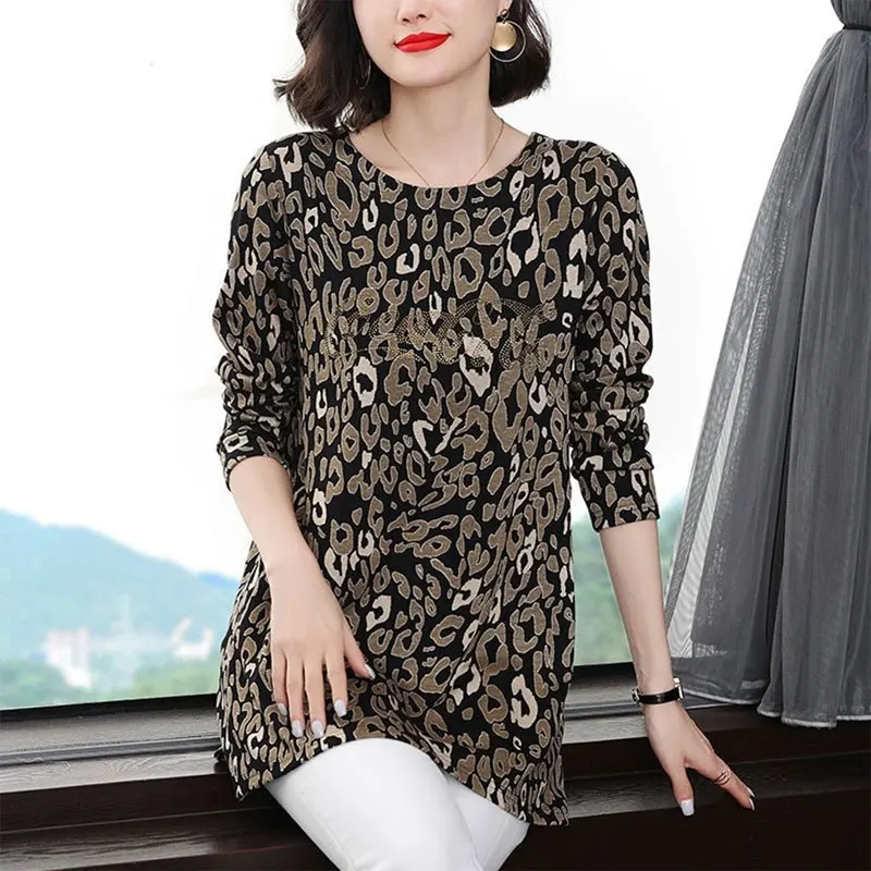 Women\'s Clothing Leopard Printed Pullovers Vintage Casual O-Neck Spring Autumn Long Sleeve Stylish Diamonds Loose Midi T-shirt