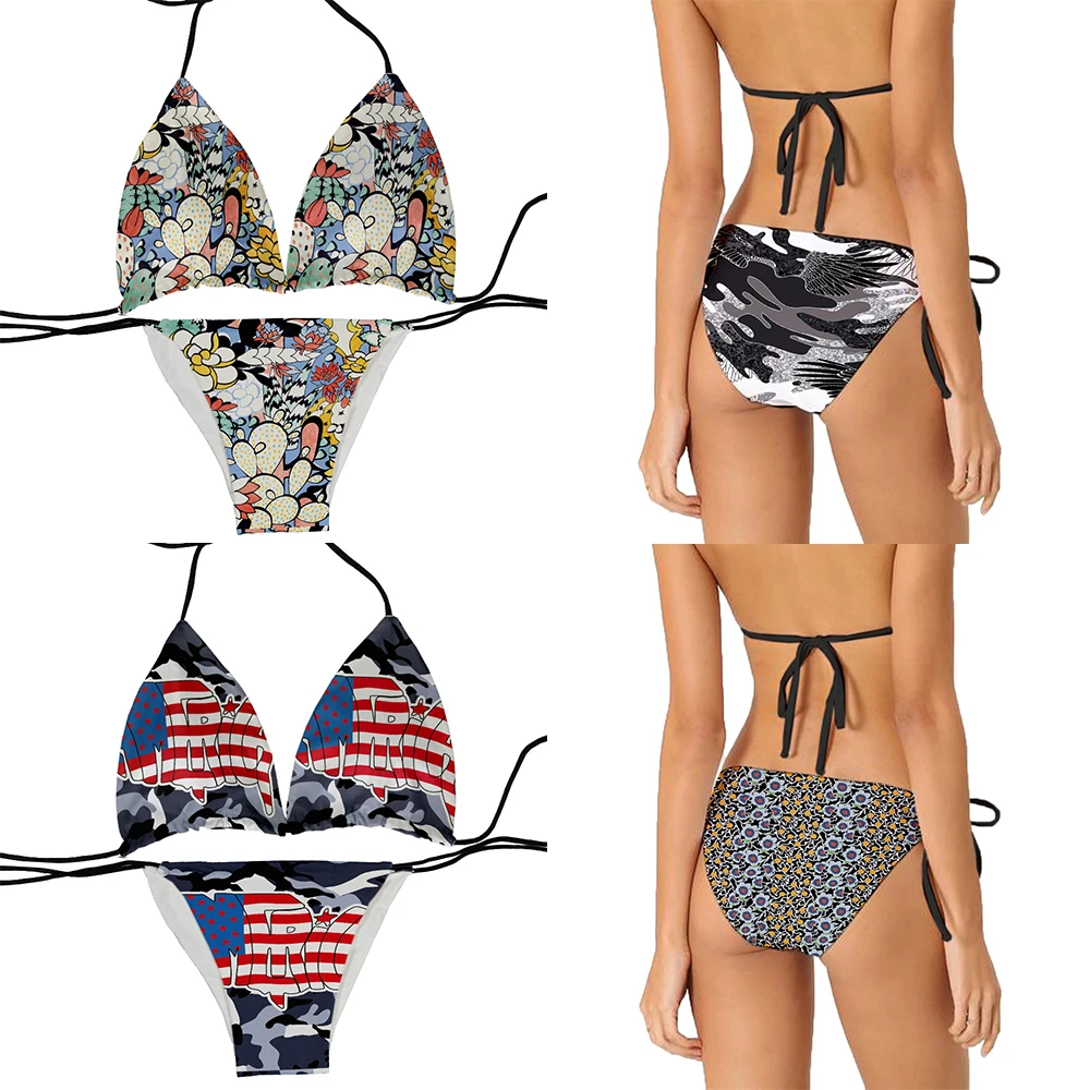 Women's sexy deep V-neck lace-up two-piece swimsuit fun printed split bikini beach vacation surfing swimsuit ladies summer gift