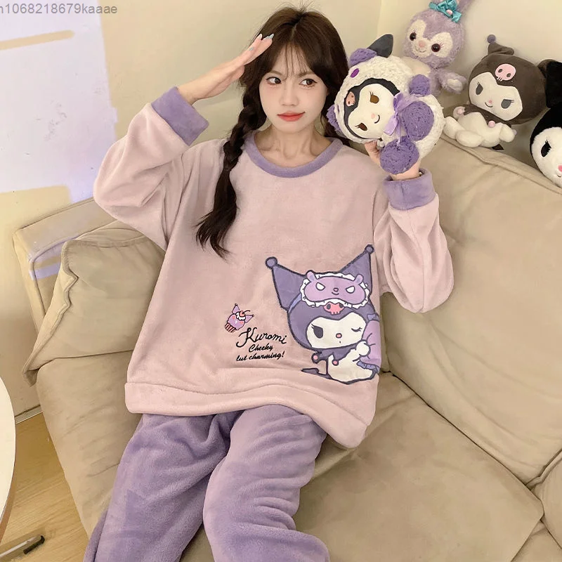 Sanrio Kuromi Cinnamoroll Cartoon Coral Plush Pajamas Sweet Cute Warm Sleepwear Women Autumn Winter New Thicken Flannel Home Set