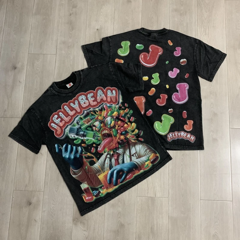 26SS Retro Hip Hop Washed Black Jellybean T-Shirt for Men and Women Crew Neck Cotton Summer T-shirts Oversized