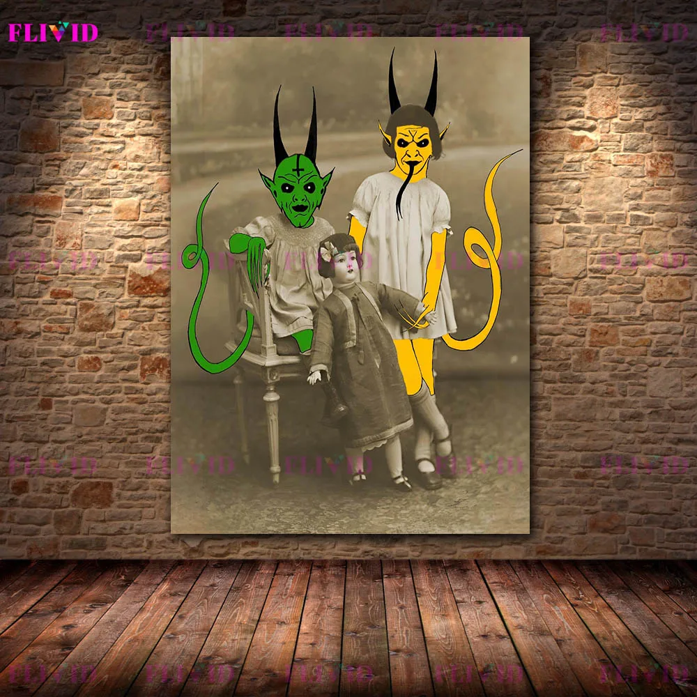 Gothic Horror Demon Canvas Painting,Occult Red Devil & Surreal Creature Wall Art,Creepy Horned Creature Poster Set Decor
