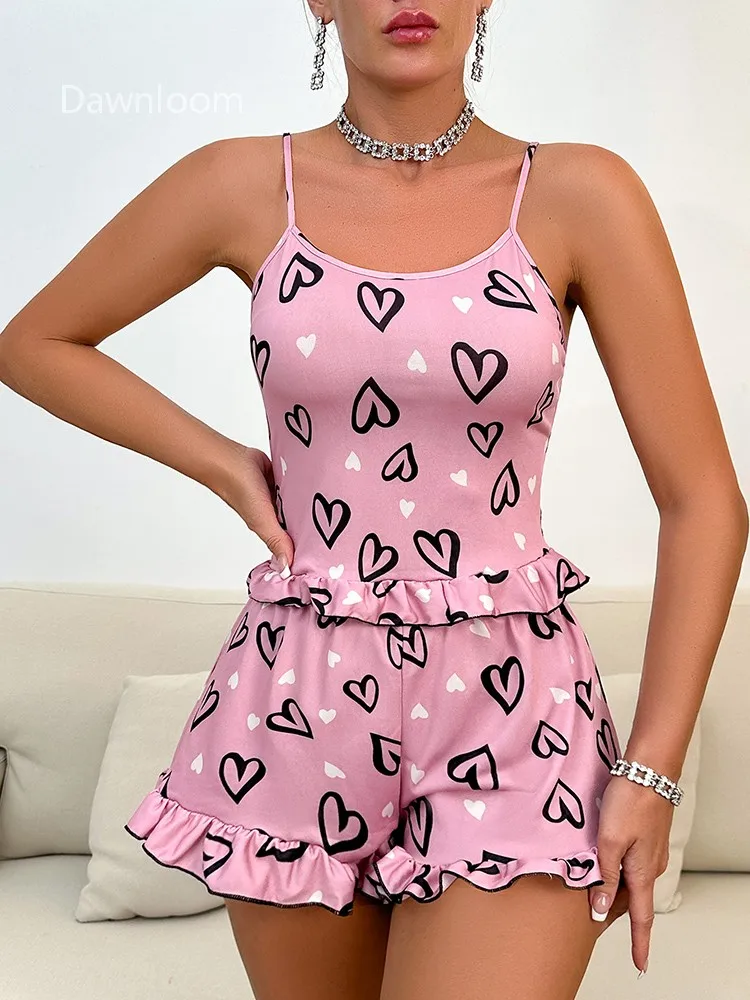 طقم شورت بحزام سباغيتي مطبوع على شكل قلب للسيدات مكون من قطعتين بيجامة ملابس منزلية بحافة أوراق اللوتس الوردية