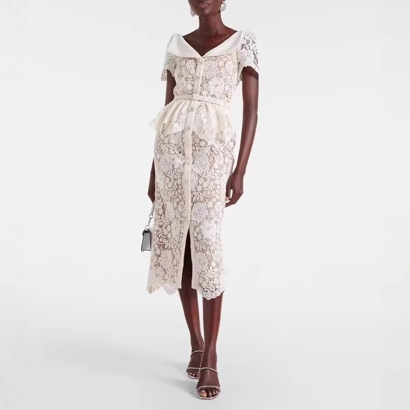 Fashion Chic Lace Bodycon Slim for Women Summer Designer Luxury Short Sleeve Ruffles Midi Long Pencil Dress Vestidos Femme