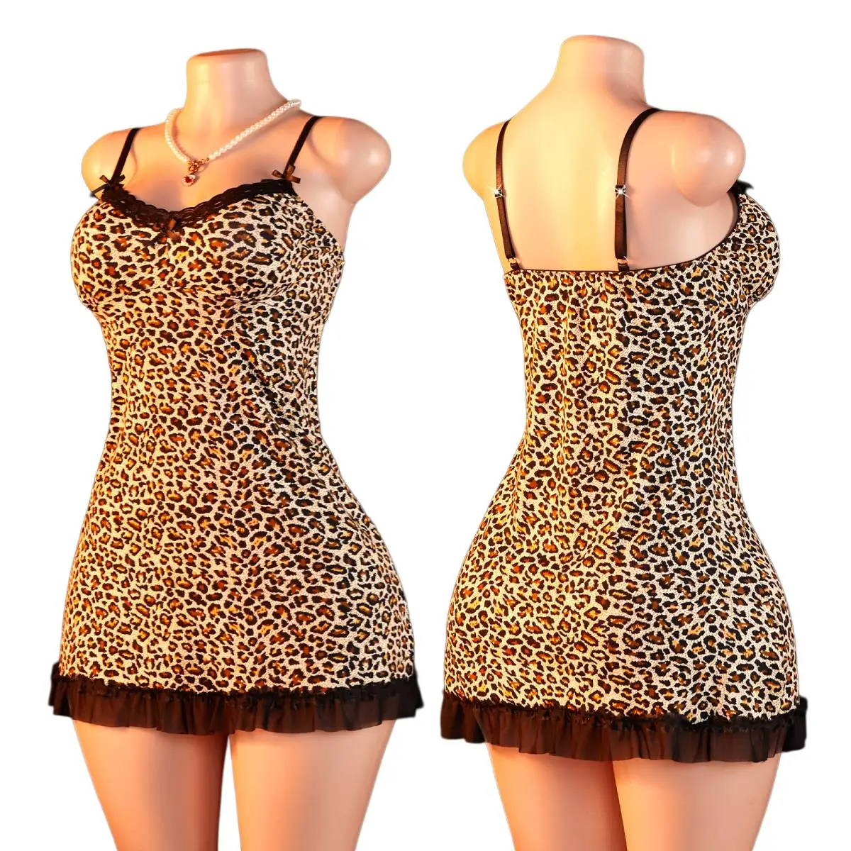 Women's Leopard Print Lace Nightgown V-neck Plunging Seductive Lingerie Dress Exotic Summer Date Night Outfit
