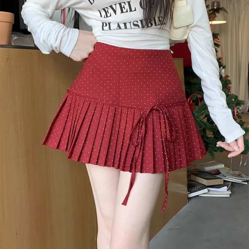Fashion Polka Dots Mini Skirt Women Summer Sweet Bow High Waist Pleated Skirts A Line Casual Chic Zipper Simple Female Skirt New