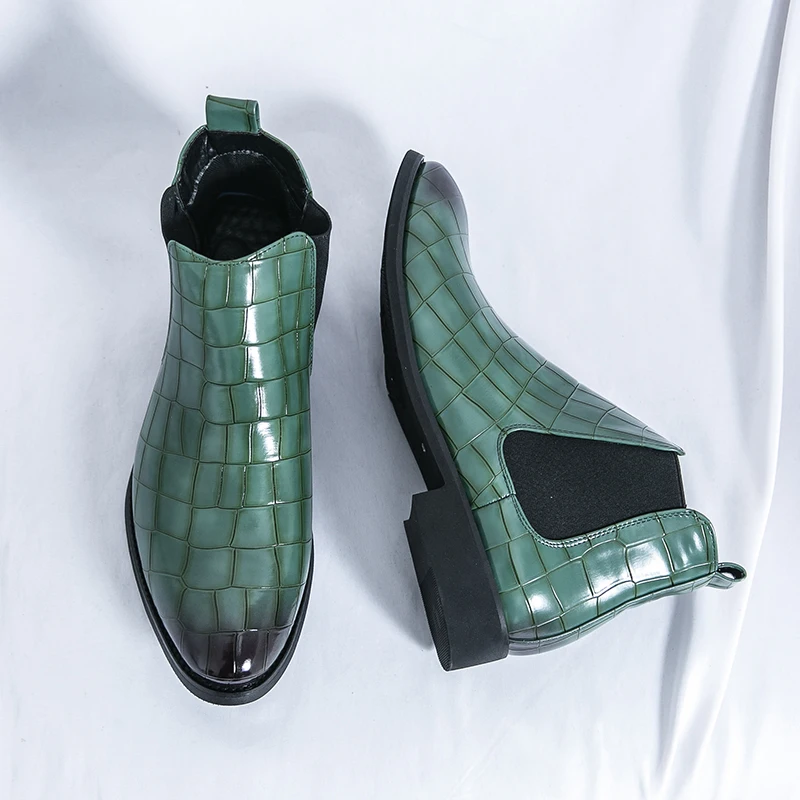 Winter Hot Selling Men's Chelsea Boots Luxury Brand Men’s Pointed Toe Shoes for Wedding Business Formal Short Boots Green Trend