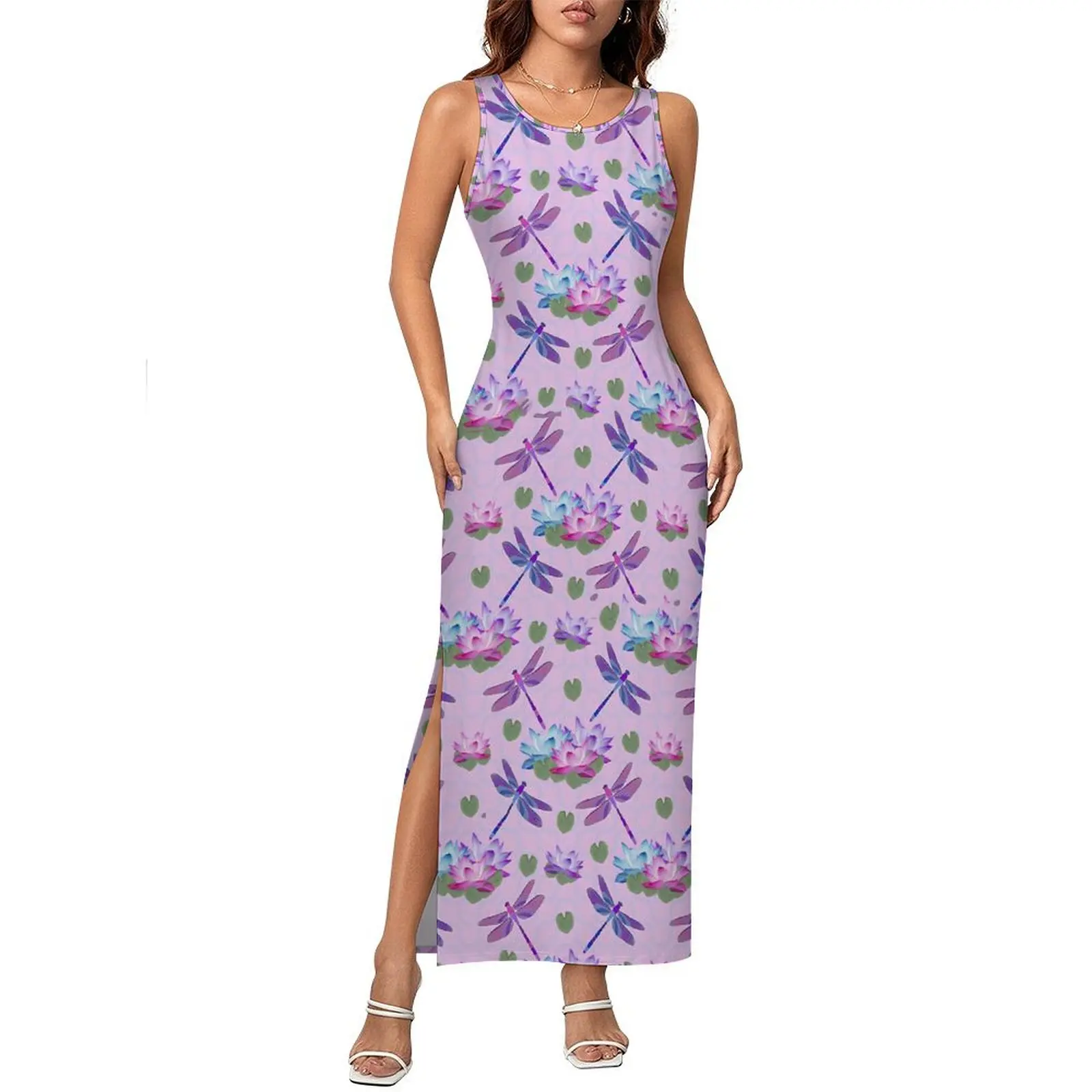 Libélula impressão vestido sem mangas flor de lótus retro maxi vestidos primavera streetwear impresso bodycon vestido tamanho grande 3xl 4xl