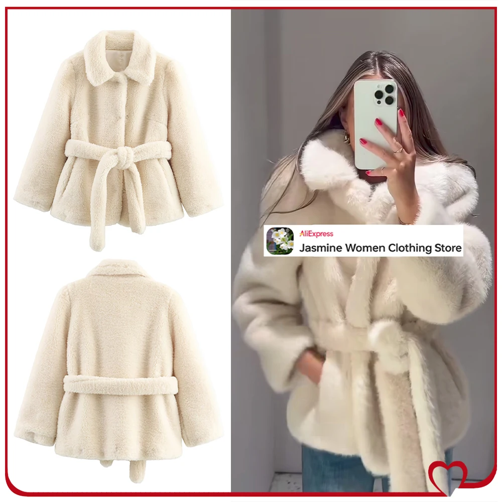 

Женское элегантное пальто с поясом из искусственного меха цвета экрю и карманами, зимняя удобная верхняя одежда с воротником с лацканами и регулируемым поясом с завязками