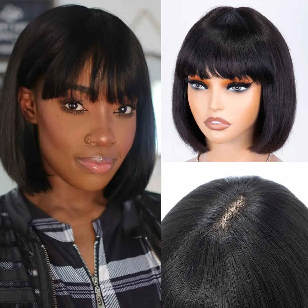 Short Black Human Hair Bob Wigs With Bangs Yaki Straight Realistic Scalp Wigs for Women Daily Blunt Cut Bob Wigs 180% Density